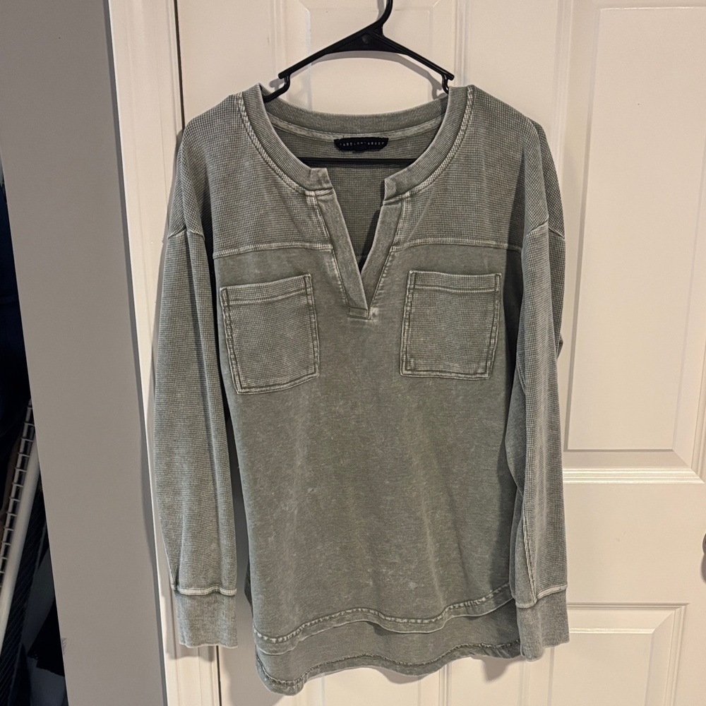 Washed Sage Green Pullover Top with Chest Pockets